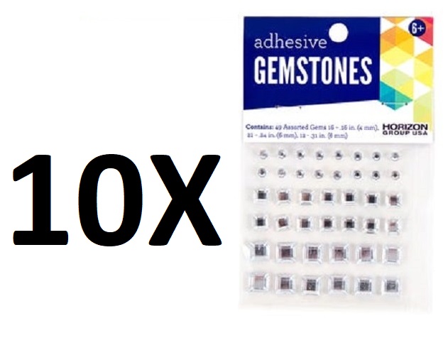 49 Pack Assorted Size Adhesive Square Craft Gemstones (10 packs)
