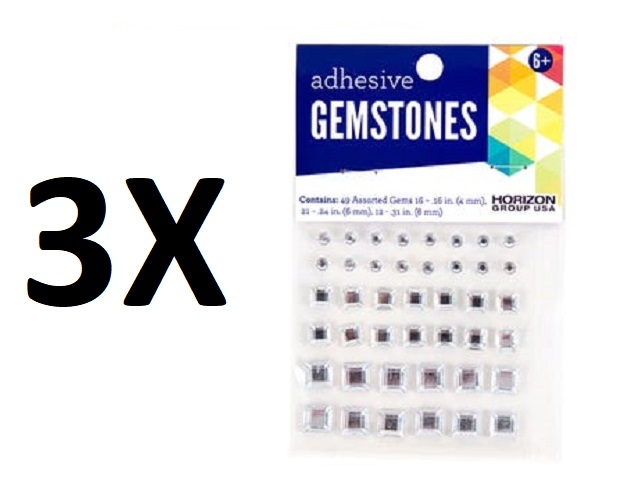 49 Pack Assorted Size Adhesive Square Craft Gemstones (3 packs)