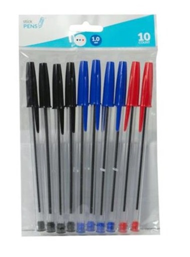 Ballpoint Stick Pens - Black Blue Red (10 Pack)